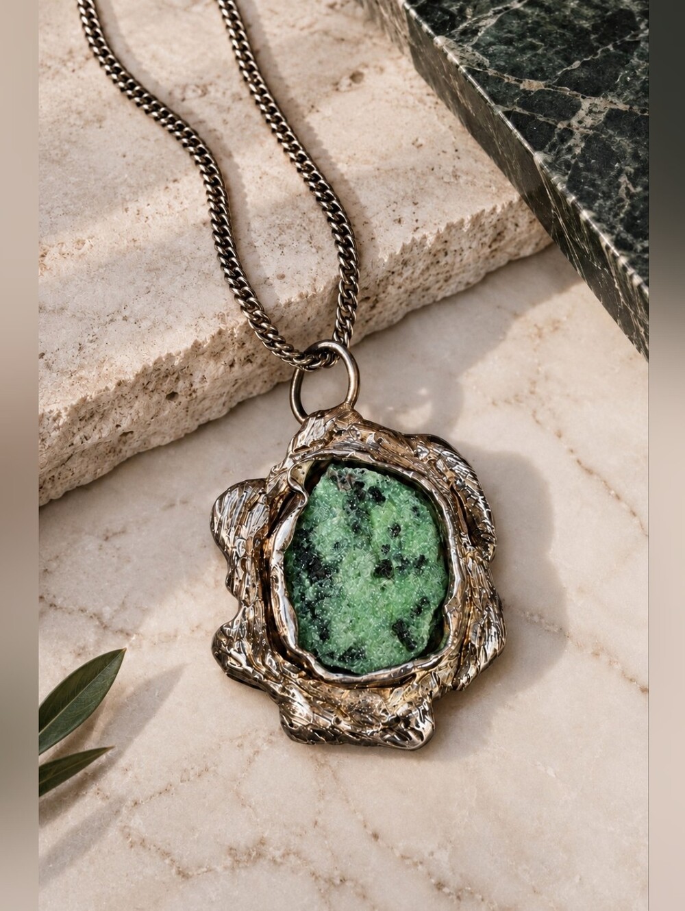 Vintage Dansk Smykkekunst D.S. Denmark Brutalist Green Stone Necklace